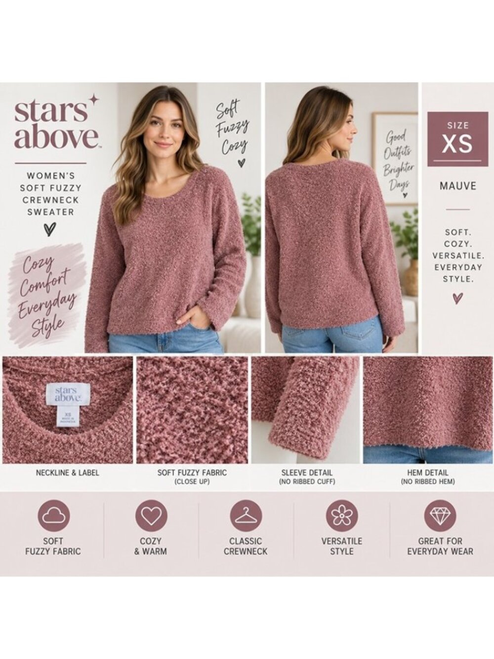 Stars Above Women's Soft Fuzzy Crewneck Sweater Mauve Size XS NWT